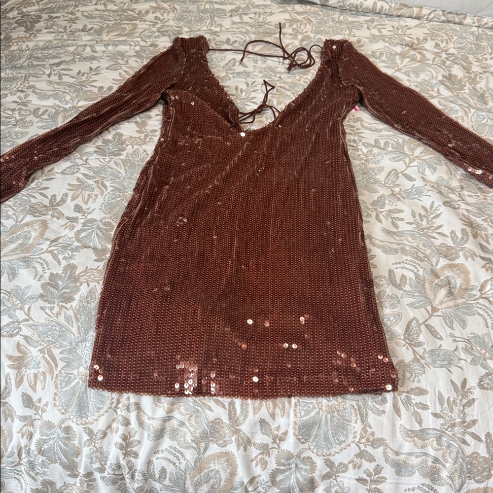 Bardot Sequin Long Sleeve Dress in Brown